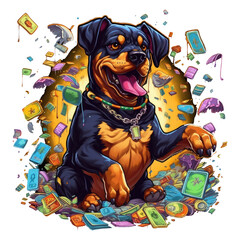 A playful t-shirt design featuring an accountant Rottweiler dog juggling coins and banknotes, set against a bright and colorful background, Generative Ai