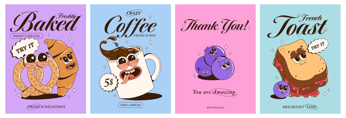 Trendy posters with funny characters. Fresh pastries, pretzel, croissant, French toast, coffee, blueberries. Branding mascots for cafe, restaurant, bar. Vector illustration.