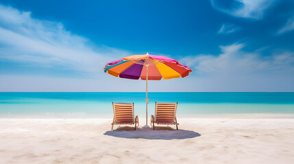 Beautiful beach banner. White sand, colorful chairs and colorful umbrella travel tourism wide panorama background concept.