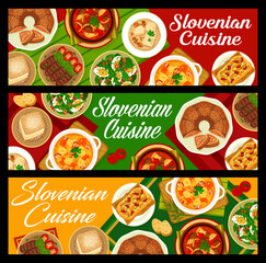 Slovenian cuisine food banners. Sauerkraut bean stew Ota, meat vegetable stew Bograch and grilled sausages Cevapcici, Kremna Rezina, bread Pogacha and dumplings, nuts roll Potica, dandelion egg salad