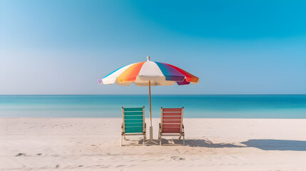 Beautiful beach banner. White sand, colorful chairs and colorful umbrella travel tourism wide panorama background concept.