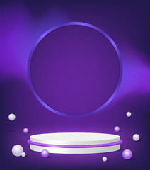 Abstract room with white pedestal podium, round shape and balls