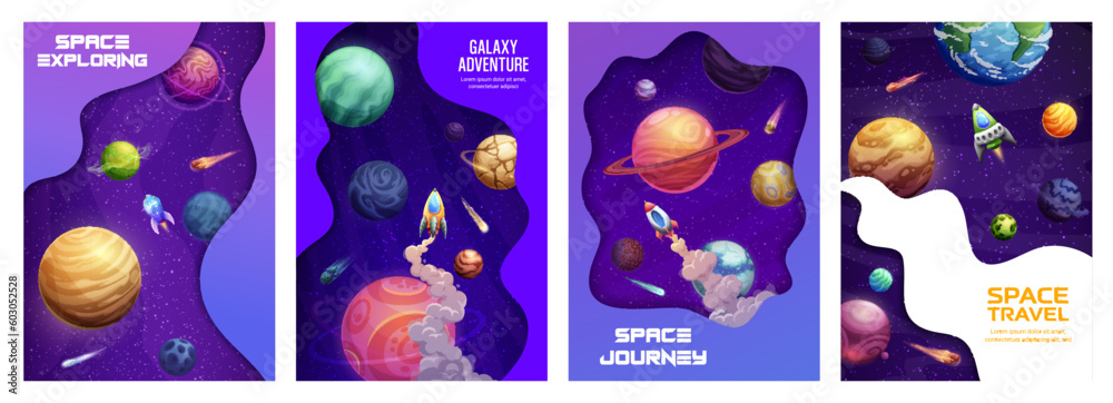 Poster space landing page. starry galaxy, planets and rocket spaceship. company landing page layout, startu