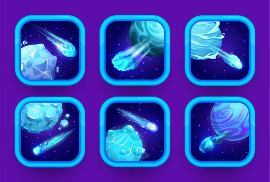 Cartoon space game app icons. Blue ice planets and asteroids. Cellphone application UI, console arcade vector buttons or computer game GUI, videogame rounded icons with blue fantastic planets, comets