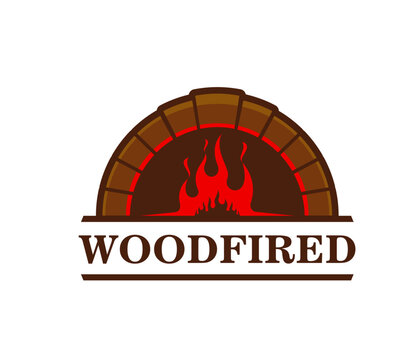 Firewood in brick fireplace, fire oven and wood stone hearth, vector icon. Bakery furnace, firewood cooking stove with flame burn, vintage fireplace and hearth symbol for woodfired food restaurant