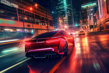 Fototapeta premium red car is driving through the city night. generative AI