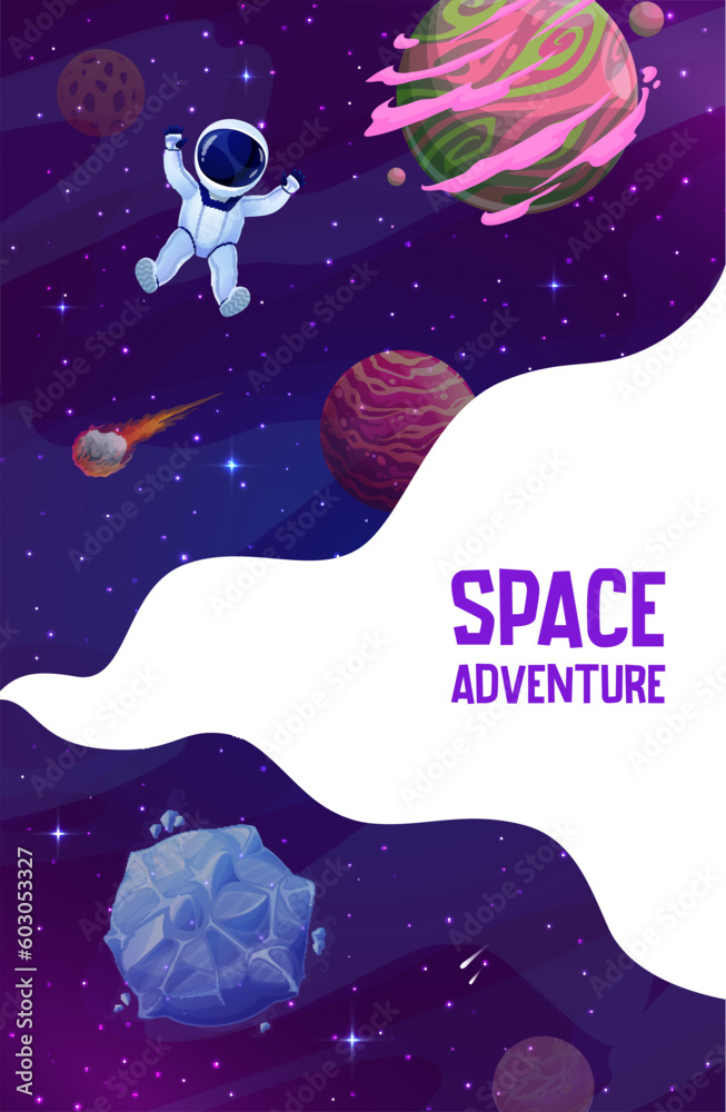 Poster space landing page. cartoon astronaut in outer space vector template of business company website or 