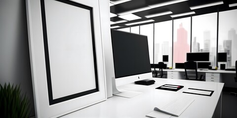 Mockup of black frame in office interior,Generative AI