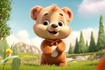 a cute adorable baby bear stands in nature in the style of children-friendly cartoon animation fantasy  3D style Illustration  created by AI