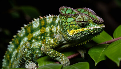 Naklejka premium Multi colored gecko on green branch in forest generated by AI