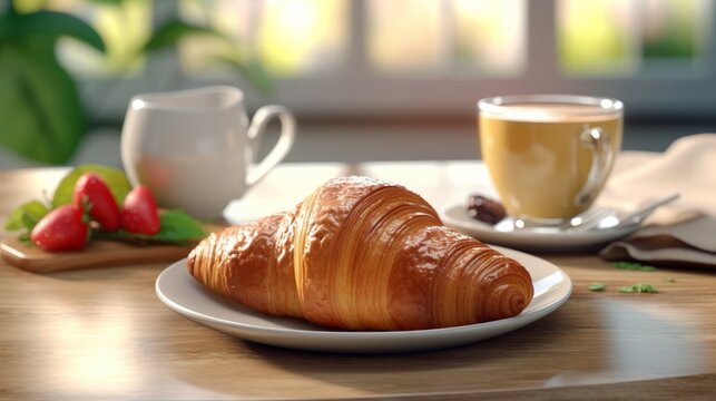 Breakfast with croissant and a cup of cappuccino. Generative AI