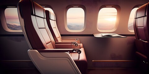 first class business luxury seats for vacations or corporate airplane travel with copy space area wide banner - obrazy, fototapety, plakaty