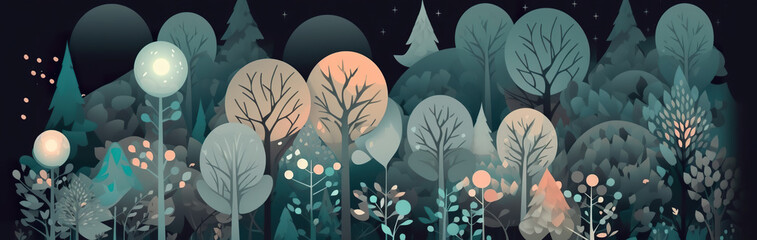 A painting of a forest at night with a full moon in the sky. Generative AI.