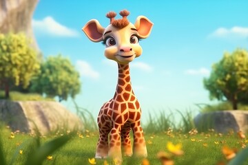 a cute adorable baby ziraffe stands in nature in the style of children-friendly cartoon animation fantasy  3D style Illustration  created by AI