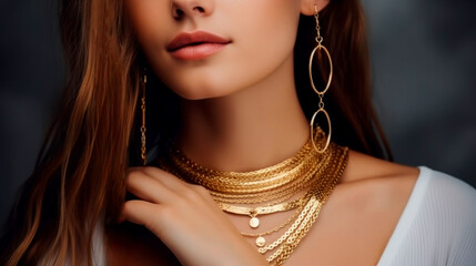 Beautiful girl with gold jewelry for women, necklace, earrings, bracelet, and Beauty and accessories.