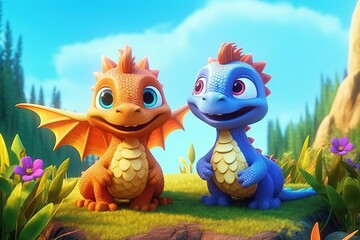 a cute adorable two baby dragons in nature rendered in the style of children-friendly cartoon animation fantasy style 3D style Illustration created by AI