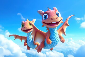 a cute adorable two baby dragons fly in the sky rendered in the style of children-friendly cartoon animation fantasy style 3D style Illustration created by AI