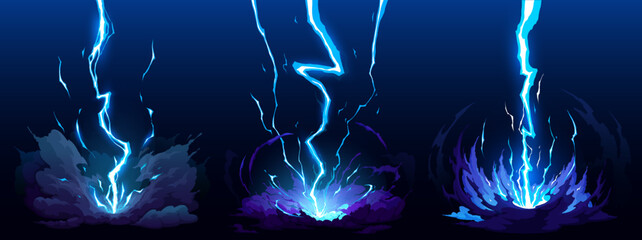 Fototapeta premium Cartoon blue lightning thunder and storm thunderbolt strike, vector thunderstorm bolts. Cartoon electric flash effects and lightning sparks background with energy charge or anime magic blast explosion
