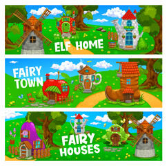 Fairytale cartoon house buildings. Vector banners fantasy town with huts windmill, apple, eggplant and strawberry, watering can, cabbage with boot and cup. Elf dwellings on green summer wood lawn