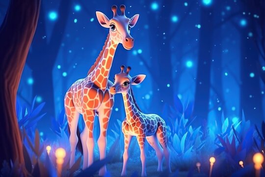 cute adorable baby ziraffe with mother ziraffe by night with blue light  in nature rendered in the style of fantasy cartoon animation style intended for children 3D style Illustration  created by AI