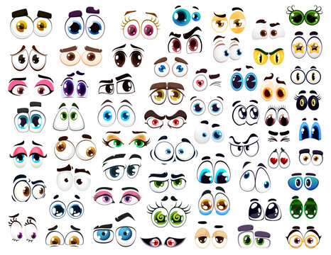 Cartoon comic eyes or happy funny face look characters, vector cute smile icons. Cartoon eyes emoticons and emoji with angry, sad and laugh fun facial emotion and expression eyes with eyebrows