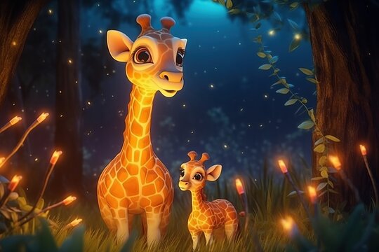 cute adorable baby ziraffe with mother ziraffe by night with orange light  in nature rendered in the style of fantasy cartoon animation style intended for children 3D style Illustration  created by AI