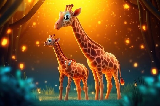 cute adorable baby ziraffe with mother ziraffe by night with orange light  in nature rendered in the style of fantasy cartoon animation style intended for children 3D style Illustration  created by AI