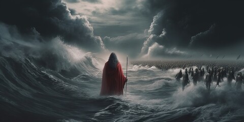 Moses opening the Red Sea in the Exodus part of the Bible, generative ai