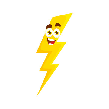 Cartoon lightning bolt character. Isolated vector bright thunderstroke, yellow thunderbolt personage with jagged, zig-zagged shape and playful expression. Energy, weather and electricity comic flah