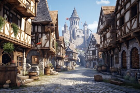 Picturesque quaint European town with charming medieval houses, generative ai