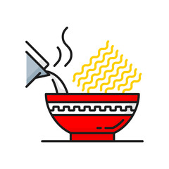 Instant noodles in bowl poured by hot water, fastfood snack isolated line icon. Vector chinese cuisine food, asian meal, takeaway ramen soup
