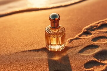 elegant perfume at a beach at the golden hour - obrazy, fototapety, plakaty