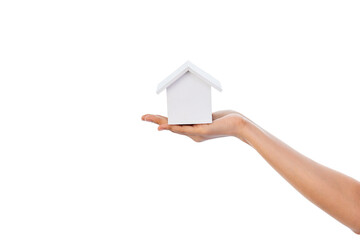 Hand holding a wooden house isolated on white background with clipping path.