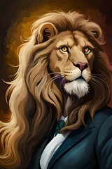 Portrait of Brutal lion as a businessman or king, Generative AI
