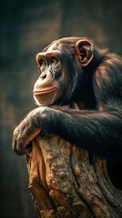 Chimpanzee Sitting Atop a Branch, Deep in Thought and Contemplation. Generative ai