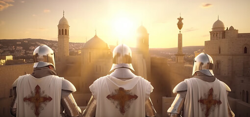 Templar knights in the crusade arriving in Holy Land, generative ai - obrazy, fototapety, plakaty