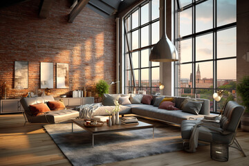 A living room filled with furniture and large windows. Generative AI. Urban loft, moden live work unit.