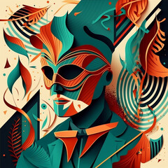 Festive costume and mask for Mardi Gras festival or other carnival. Venetian masquerade geometric abstract illustration. Generative AI