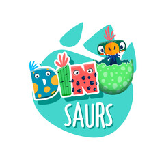 Baby dinosaur, dino egg and footprint. Jurassic era funny reptile or lizard, extinct prehistoric animal or newborn bird cute vector personage. Paleontology baby dinosaur comical mascot in egg shell