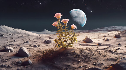 Flowers growing in space on the moon - Generated AI