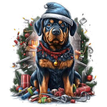 A festive Carpenter Rottweiler Dog t-shirt design, depicting a Rottweiler dog in a Christmas workshop, wearing a Santa hat and holding a candy cane, Generative Ai