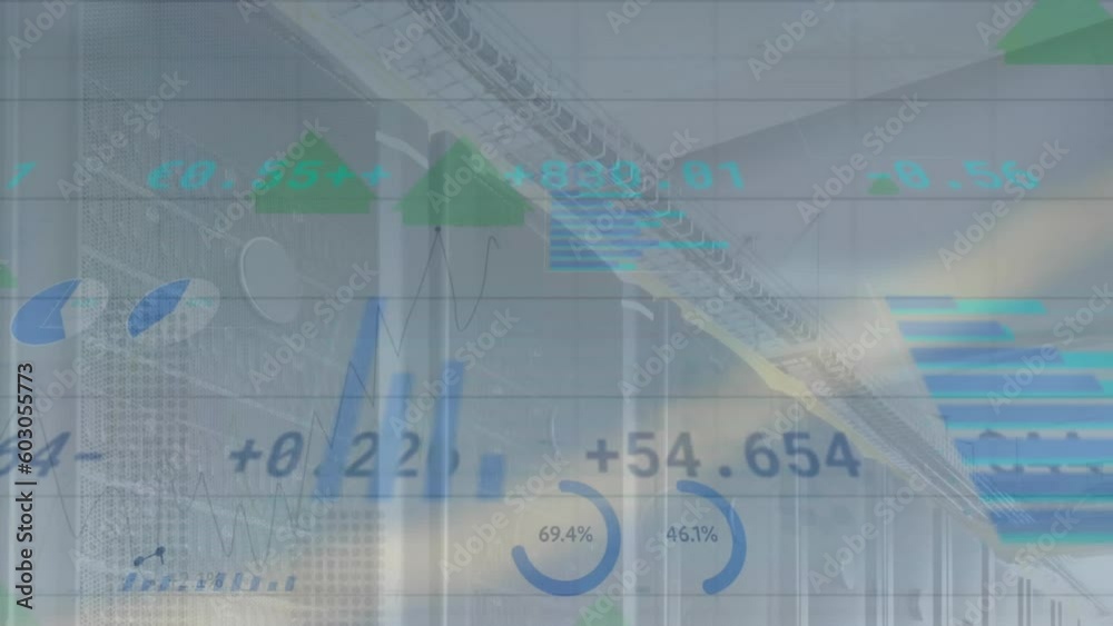 Poster animation of statistical data processing and arrow icons moving upwards against computer server room