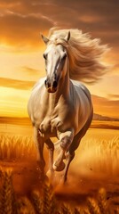 Obraz na płótnie Canvas Arabian Stallion Galloping Through a Sun-kissed Field. Generative ai