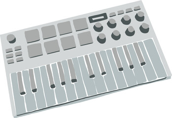 Isolated grey midi keyboard in cartoon style musical modern instrument concept