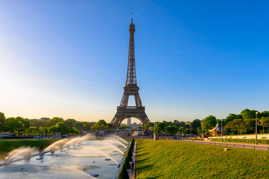 View of Eiffel Tower from Jardins du Trocadero in Paris, France. Eiffel Tower is one of the most iconic landmarks of Paris