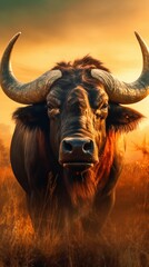 African Buffalo Portrait in the Golden Light of the Savannah. Generative ai