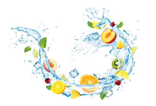 Swirl water splash with fruits. Realistic 3d vector liquid flow with ice cubes and mix of fresh orange, lime, mint and peach, lemon, cherry, pineapple or kiwi fruits and berries. Vitamin drink stream