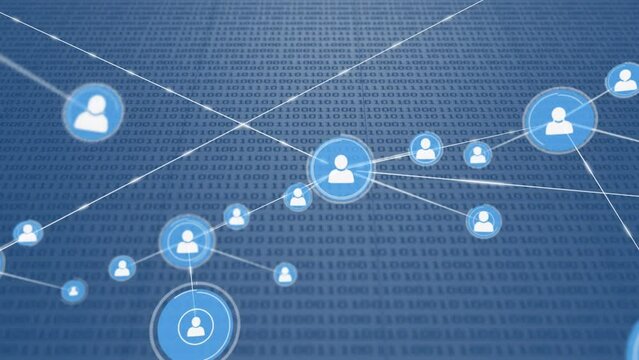 Animation of network of profile icons and binary coding data processing against blue background