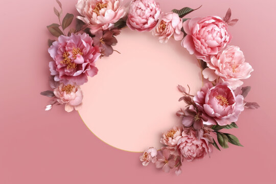 Cadre floral abstrait avec des pivoines, des roses sur un fond rose avec de l'espace pour le texte au centre. Composition romantique f&eacute;minine. Invitation de mariage. F&ecirc;tes de M&egrave;res, Saint-Valentin.