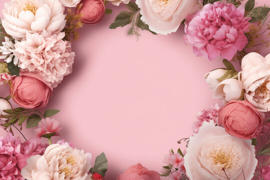 Cadre floral abstrait avec des pivoines, des roses sur un fond rose avec de l'espace pour le texte au centre. Composition romantique f&eacute;minine. Invitation de mariage. F&ecirc;tes de M&egrave;res, Saint-Valentin.